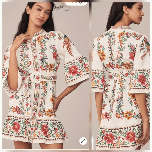 Farm Rio Delicate Forest Scarves Flared-Sleeve Mini Dress - Picture 1 of 5